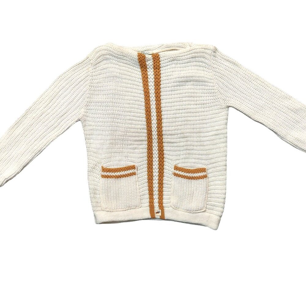Vintage 1950s Cream & Tan Stripe Textured 3/4 Sleeve Knit Sweater w/ Pockets Sma - Picture 2 of 7